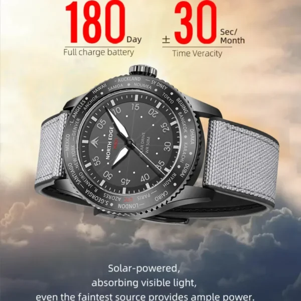 NORTH EDGE Watches for Men MACH 2024 New Desgin Solar Powered Watch Dual Time Zone Waterproof TPR Nylon Strap Pilot Mens Watch - Image 4