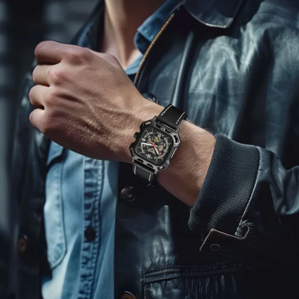 LONGLUX automatic watch cool wholesale mechanical wristwatches steel hollow no logo leather mens watch men gift ﻿ - Image 3