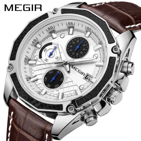 MEGIR 2015 Men Quartz Watch Leisure Unique Business Date Chronograph Display Black Brown Leather Strap Wrist Watches for Male