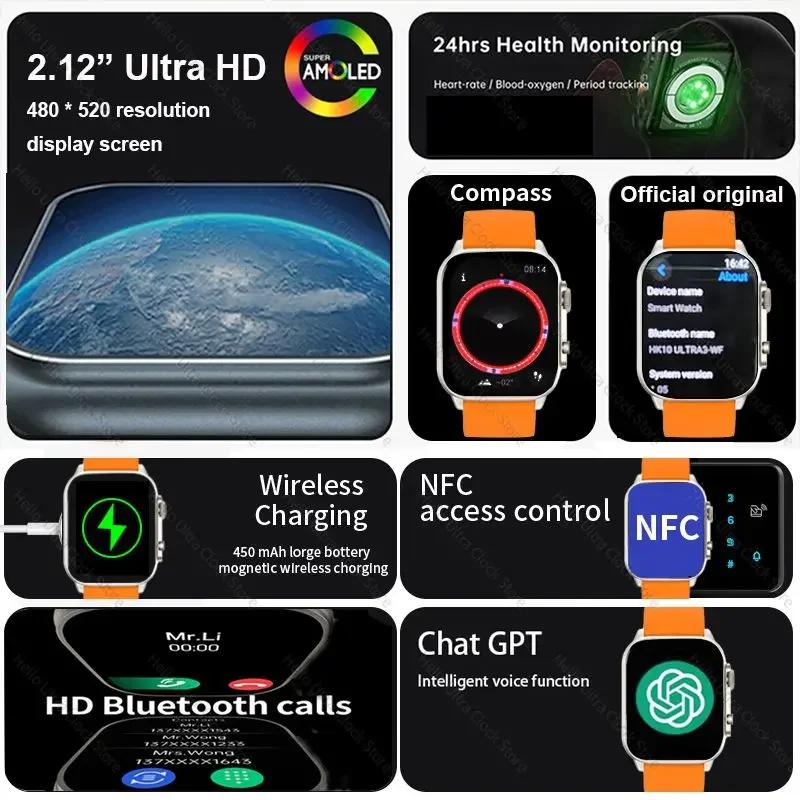 New HK10 ULTRA 3 WiFi Smartwatch 2024 49mm AMOLED 4G ROM Tiktok ChatGPT NFC Compass Clock Bluetooth Call Smart Watch Men Women - Image 3