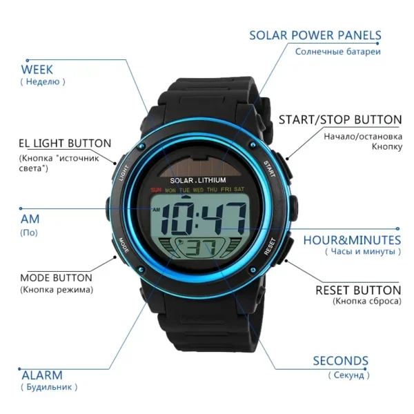 Skmei Men Solar PU Strap Wristwatches Mens Chronograph Alarm 5Bar Waterproof Digital Watch Reloj Hombre Outdoor Sport Watch 1096 - Image 5
