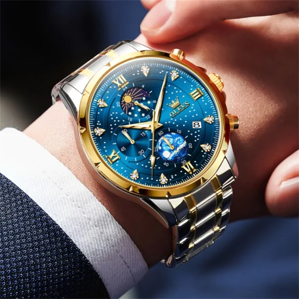 Original OLEVS Brand Quartz Watch for Men Waterproof Stainless Steel Luminous Wristwatch Moon Phase Leather Man Watches NO.9807 - Image 2