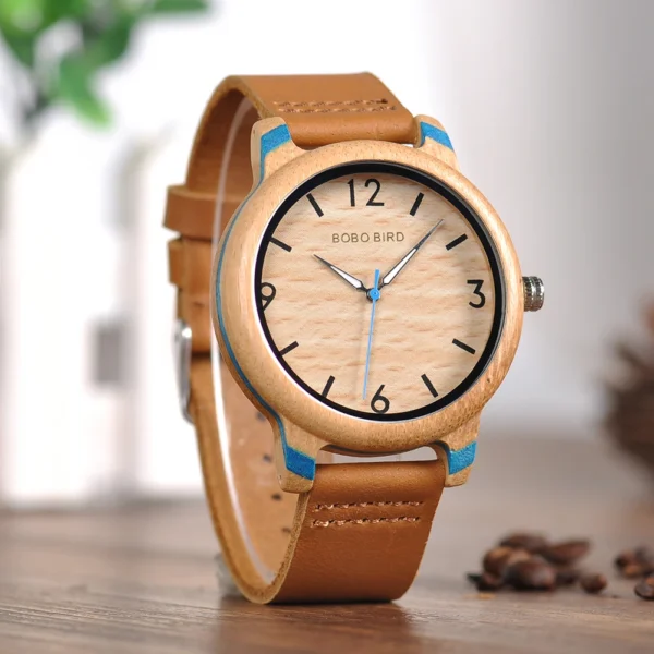 BOBO BIRD Wood Watch for Men Women Japan Analog Quartz Wristwatches 44mm Causal Green Leather Watches Custom Birthday Gift - Image 4