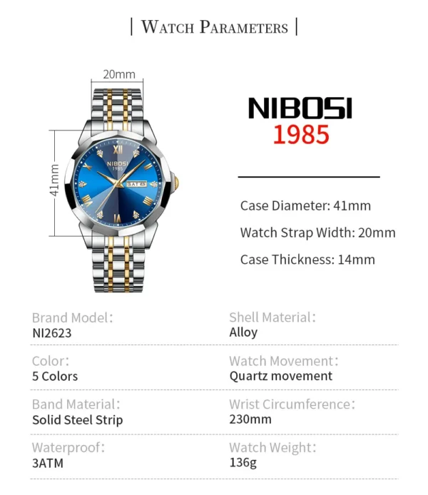 NIBOSI Luxury Watch for Man Rhombus Mirror Mens Watches Automatic Date Week Waterproof Luminous Wristwatch Relogio Masculino - Image 2