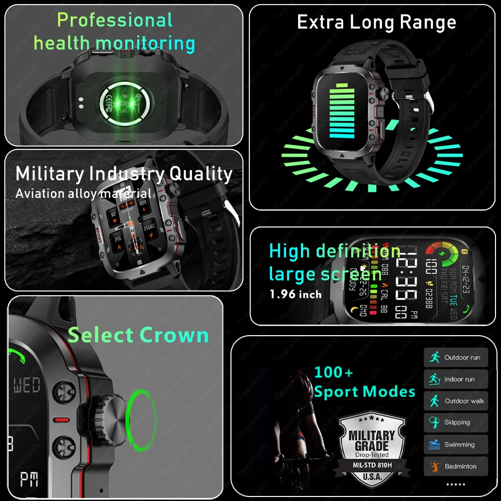 New Rugged Military Black Smart Watch Men For Android Xiaomi Ios 3ATM Waterproof Sport Fitness Ai Voice Smartwatch Outdoor 2024 - Image 2