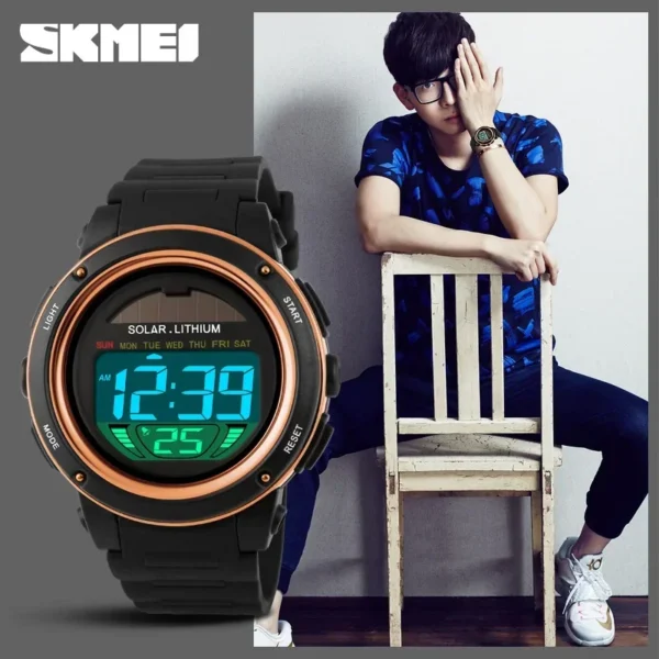 Skmei Men Solar PU Strap Wristwatches Mens Chronograph Alarm 5Bar Waterproof Digital Watch Reloj Hombre Outdoor Sport Watch 1096 - Image 3