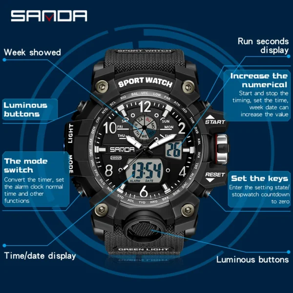 SANDA Brand G- Style Military Watch Men Digital Shock Sports Watches For Man Waterproof Electronic Wristwatch Mens Relogios 3169 - Image 3