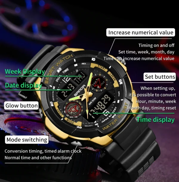SANDA Top 6197 Korean Student Electronic Watch Sports Multi functional Alarm Clock Waterproof Men's Watches 2024 - Image 4