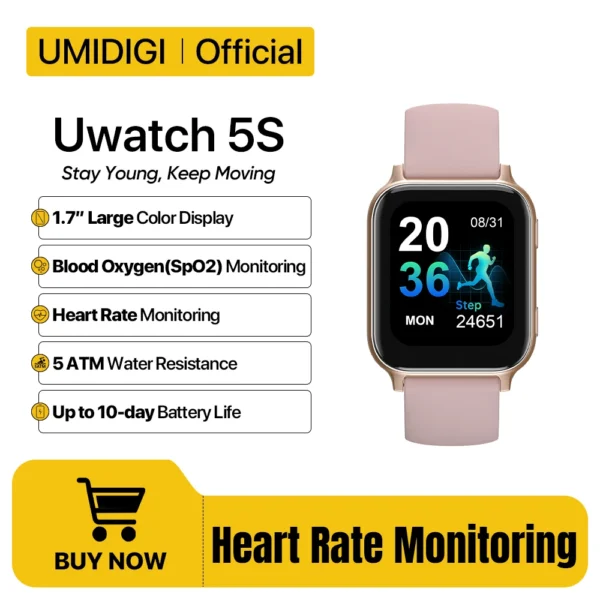 UMIDIGI Uwatch 5S Bluetooth Smart Watch 1.7" 5ATM Waterproof SmartWatch Fitness Heart Rate Blood Oxygen Monitor for Android iOS
