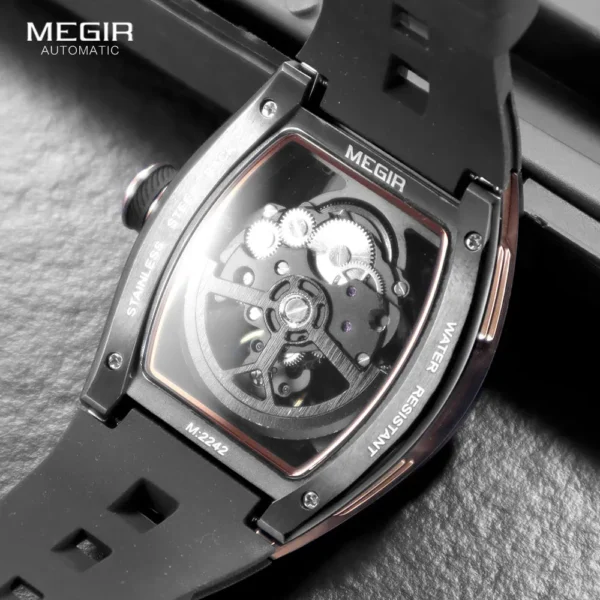 MEGIR 2242 Blue Automatic Watch for Men Sport Waterproof Stainless Steel Mechanical Wristwatch with Silicone Strap Skeleton Dial - Image 4