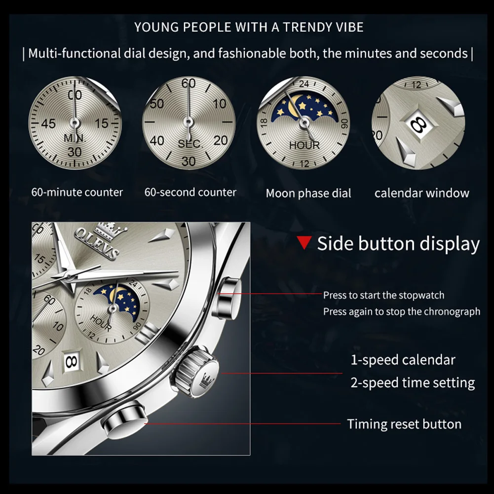 OLEVS 3609 Chronograph Fashion Quartz Watch For Men Calendar Waterproof Luminous Hand Clock Moon Phase Business Man Watches 2024 - Image 6