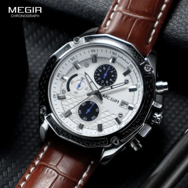 MEGIR 2015 Men Quartz Watch Leisure Unique Business Date Chronograph Display Black Brown Leather Strap Wrist Watches for Male - Image 2