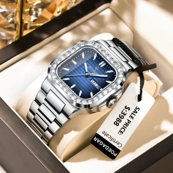 POEDAGAR Top Brand Luxury Watch for Men Waterproof Luminous Date Week Man Wristwatch Stainless Steel Square Quartz Men's Watches - Image 2