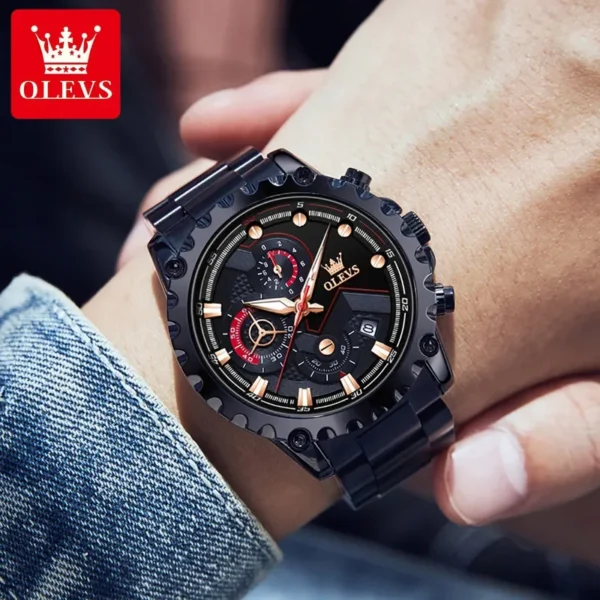 Olevs 2873 men's watch big dial 46mm deep waterproof sport watches men Quartz fashion chronograph wristwatch leater strap - Image 2