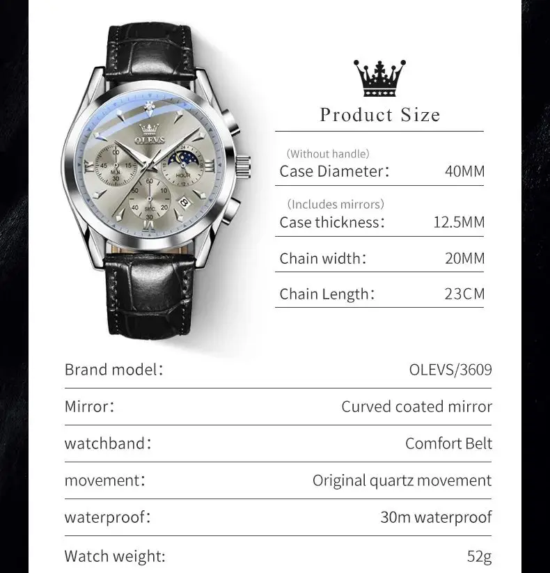 OLEVS 3609 Chronograph Fashion Quartz Watch For Men Calendar Waterproof Luminous Hand Clock Moon Phase Business Man Watches 2024 - Image 5