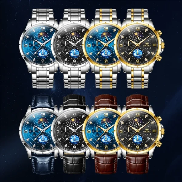 Original OLEVS Brand Quartz Watch for Men Waterproof Stainless Steel Luminous Wristwatch Moon Phase Leather Man Watches NO.9807 - Image 6