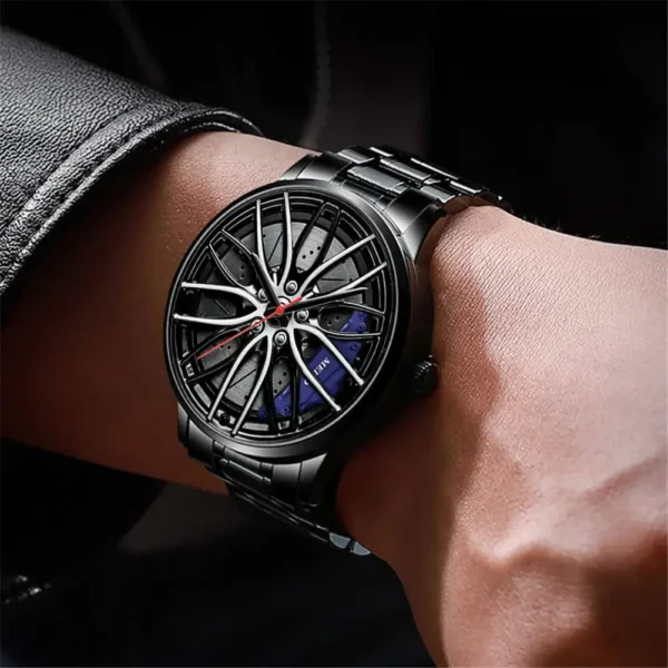 Men Quartz Watch Round Hidden Clasp Chronograph with Car Wheel Rim Hub Design Automatic Quartz Wristwatch Male Clock for Office - Image 4