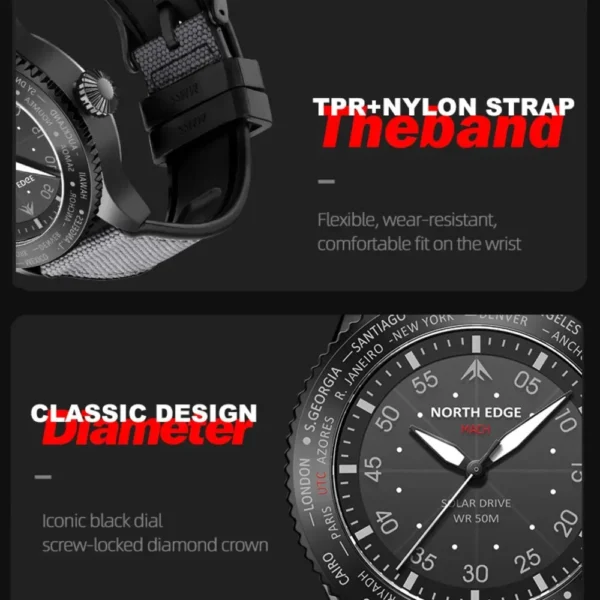 NORTH EDGE Watches for Men MACH 2024 New Desgin Solar Powered Watch Dual Time Zone Waterproof TPR Nylon Strap Pilot Mens Watch - Image 6
