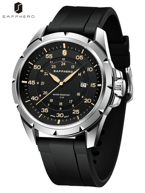 SAPPHERO Luxury Watches for Men 50M Waterproof Silicone Strap Stainless Steel Quartz Clock Sport Casual Wristwatch