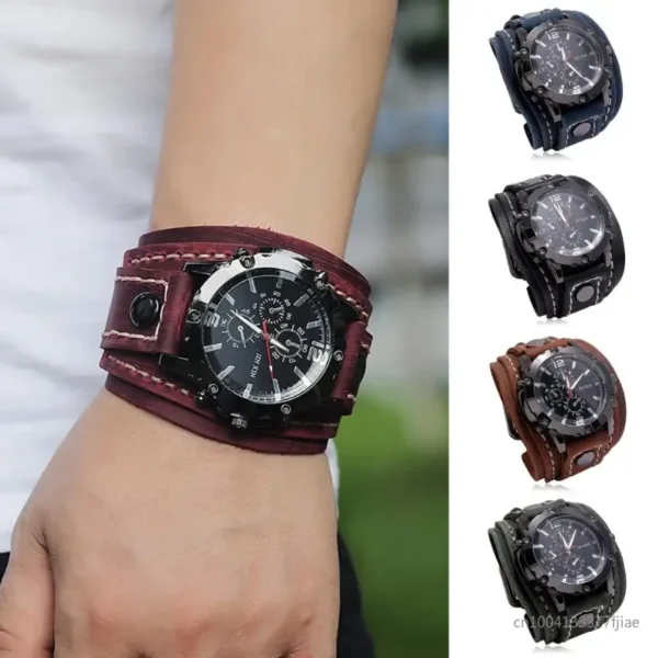 Retro Mens Quartz Watch Round Dial Precise Adjustable Cool Birthday Gift Universal Handmade Sewing Faux Leather Strap Watch