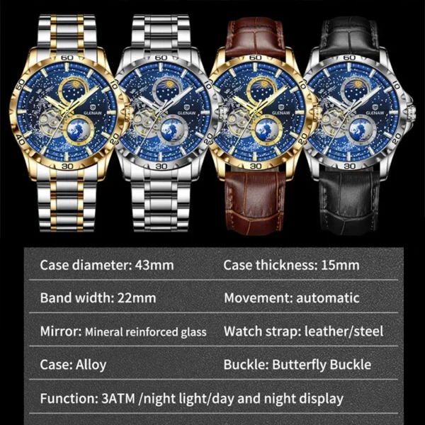 GLENAW Rotating Earth Double Second Hand WristWatch Men Automatic Mechanical Watch Starry Sky Stainless Steel Leather Watchband - Image 6