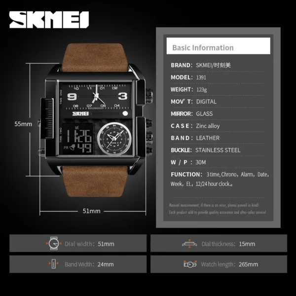 SKMEI Mens Quartz Movement Watches Clock reloj hombre 3 Time Men Sports Watch Top Luxury Brand Military Digital Wristwatch 1391 - Image 6