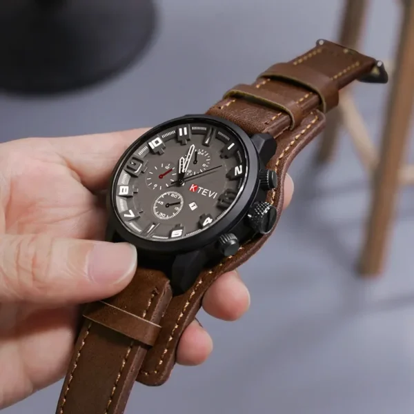 YIKAZE Luxury Business Men Quartz Watch Classic Retro Men's Watches Big Dial Leather Strap Date Military Wristwatch for Man - Image 2