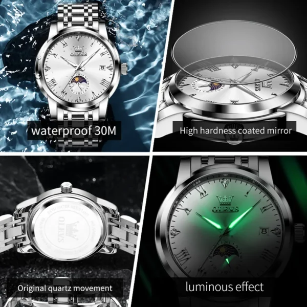OLEVS Top Brand Men's Watches Fashion Original Quartz Watch for Man Waterproof Stainless Steel Luminous Wristwatch Moon Phase - Image 5