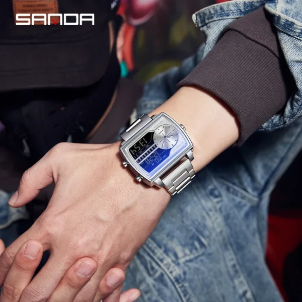 SANDA Top Brand Luxury Men Quartz Watch Fashion Square Watch Men Countdown Sports Waterproof Double Display LED Digital Watch - Image 3