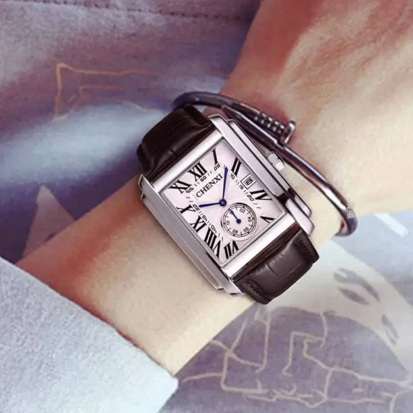 Luxury Top Brand Square Mens Wristwatches Unique Design Rose Gold Calendar Stop Watch Genuine Leather Quartz Business Male Clock - Image 4