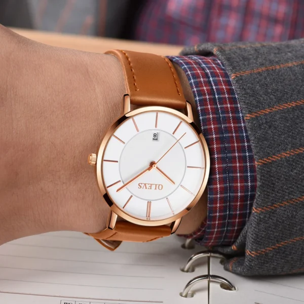 OLEVS ultrathin Watch for Men Luxury Quartz Wristwatches Casual Genuine Leather Simple Design Thin Mens Watches Japan movement - Image 3