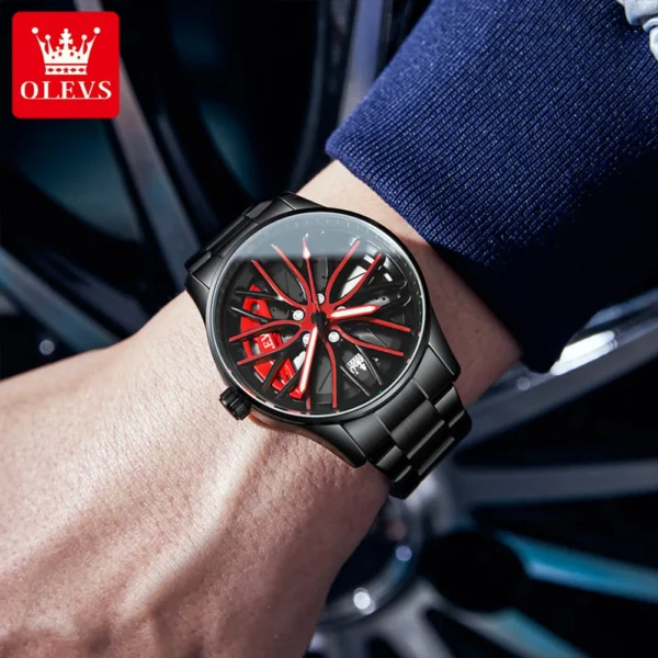 OLEVS Watch for Men 360° Rotary Dial Sport Car Rim Wheel Hub Waterproof Luminous Fashion Stainless Steel Men's Quartz Wristwatch - Image 3