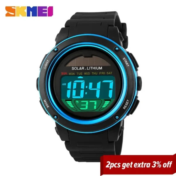 Skmei Men Solar PU Strap Wristwatches Mens Chronograph Alarm 5Bar Waterproof Digital Watch Reloj Hombre Outdoor Sport Watch 1096 - Image 2