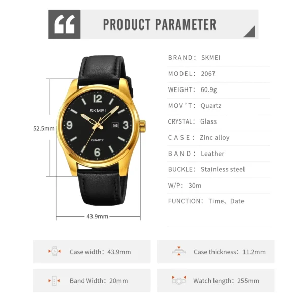 SKMEI Mens Casual Date 3Bar Waterproof Business Wristwatch reloj hombre Clock New Simple Genuine Leather Strap Quartz Watches - Image 6