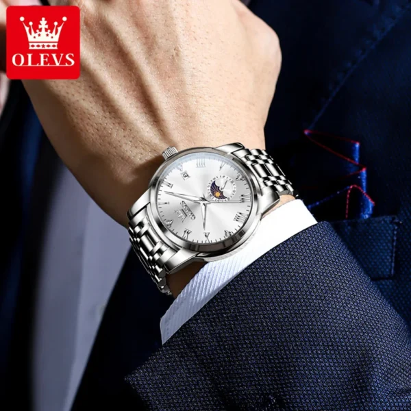 OLEVS Top Brand Men's Watches Fashion Original Quartz Watch for Man Waterproof Stainless Steel Luminous Wristwatch Moon Phase - Image 4