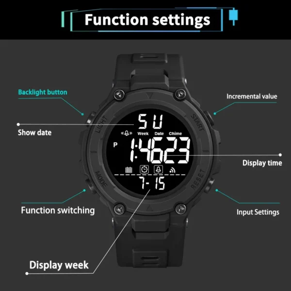 Men's multi-function sports watch time watch digital student gift alarm clock watch LED digital dial luminous electronic watch - Image 5