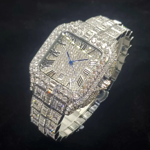 Luxury Diamond Watch for Men Hip Hop Style Bling Bling Iced Out Wristwatch Fashion Square Stainless Steel Waterproof Clock 2024 - Image 2
