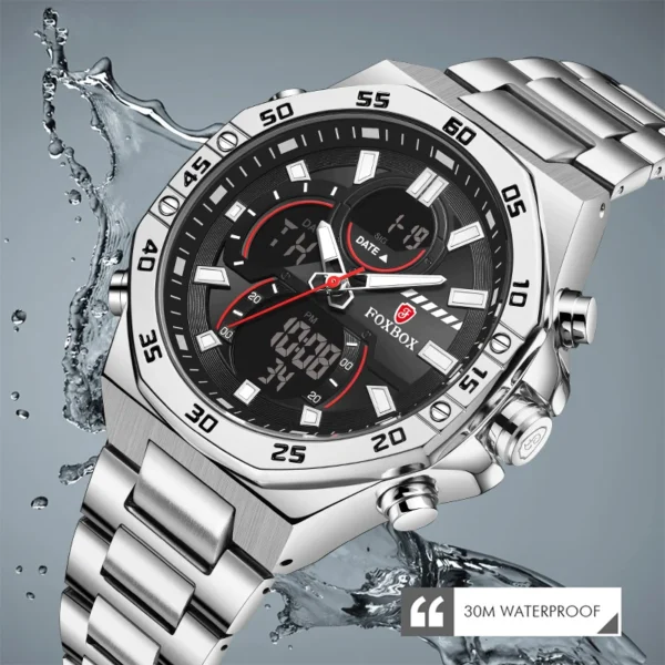 FOXBOX 2024 NEW Watches for Men Dual Display Digital Male Watch Quartz Dual Display Digital Male Steel Band Waterproof Clock - Image 5