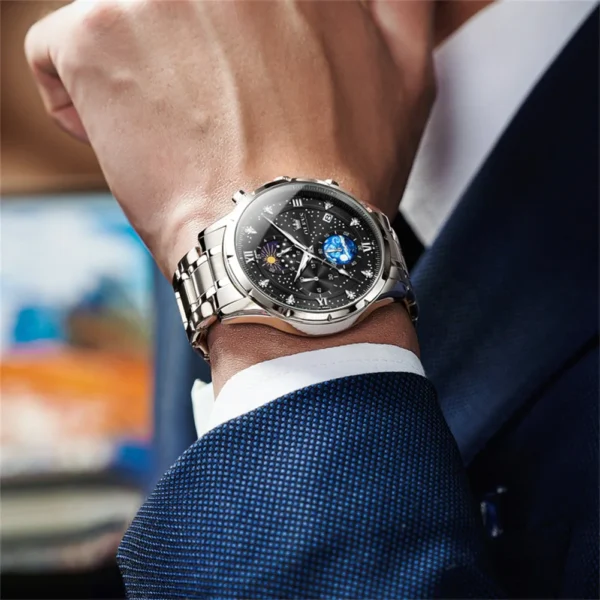 Original OLEVS Brand Quartz Watch for Men Waterproof Stainless Steel Luminous Wristwatch Moon Phase Leather Man Watches NO.9807 - Image 4