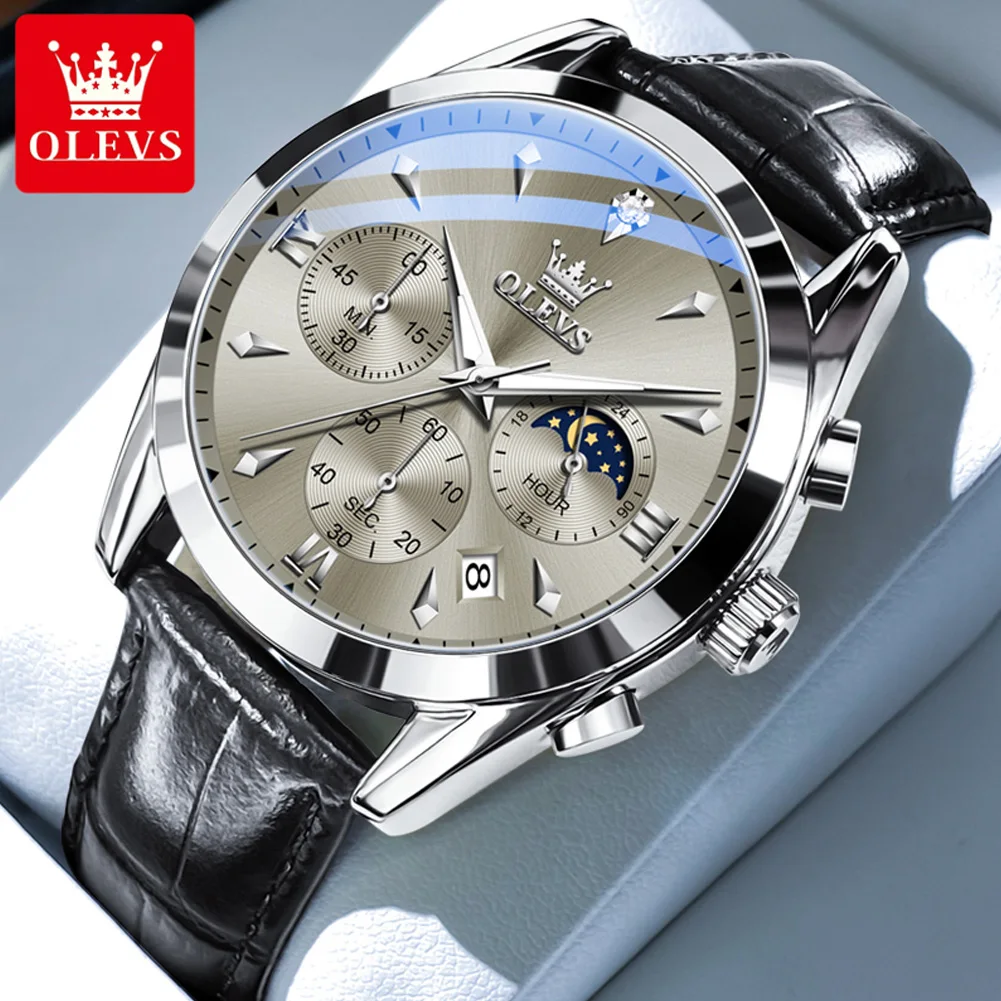 OLEVS 3609 Chronograph Fashion Quartz Watch For Men Calendar Waterproof Luminous Hand Clock Moon Phase Business Man Watches 2024