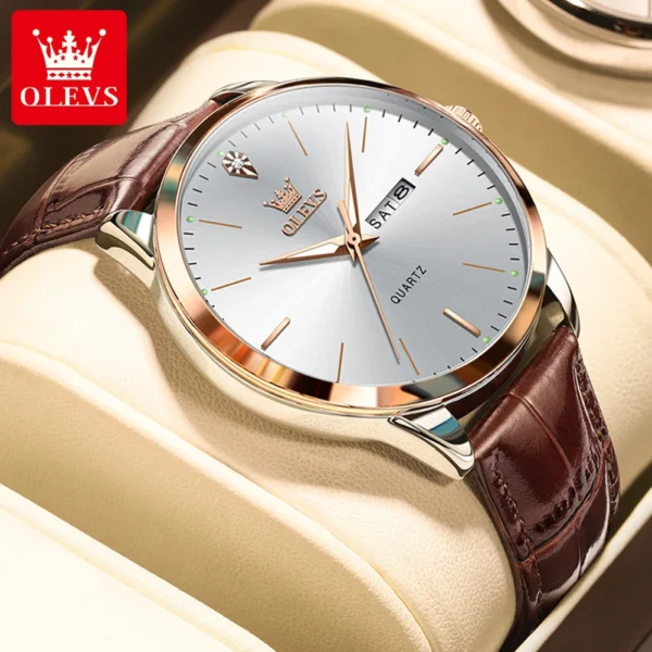 OLEVS Fashion Business Brand Original Men Watches Leather Strap Trend Week Calendar Quartz Watch Luminous Waterproof 43mm Dial - Image 3