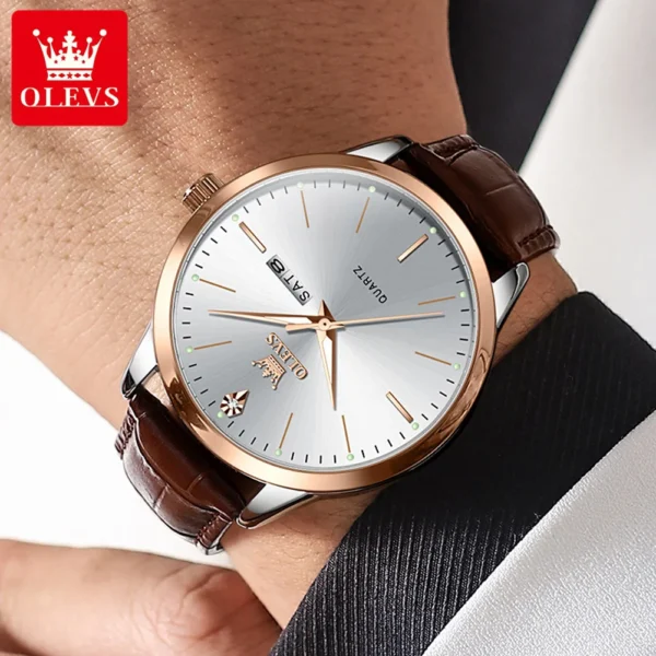 OLEVS Fashion Business Brand Original Men Watches Leather Strap Trend Week Calendar Quartz Watch Luminous Waterproof 43mm Dial - Image 2