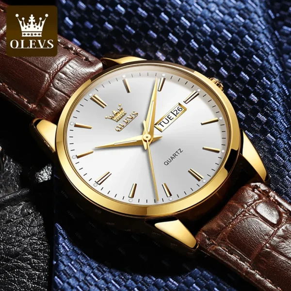 OLEVS 6898 Business High Quality Men Wristwatches, Waterproof Quartz Genuine Leather Strap Watches For Men Calendar Week Display - Image 3