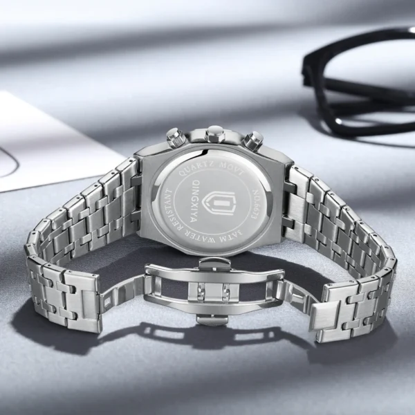 QINGXIYA 2024 New Fashion Chronograph Quartz Watch Men Stainless Steel Waterproof Luminous Date Luxury Moon Phase Watches Mens - Image 2