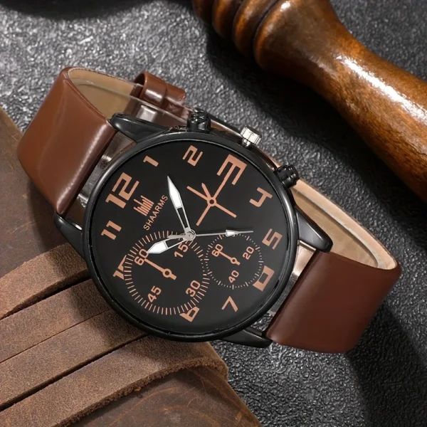 Kegllect 5PCS Men Quartz Watch Round Dial Leather Strap Bracelet Set Ideal Choice for Gifts(Without Box) - Image 3