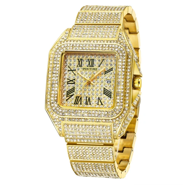 PINTIME Brand Square Men Quartz Watch Ice Out Luxury Full Diamond Ultra Thin Waterproof Hip Hop Wristwatch Popular Item - Image 4