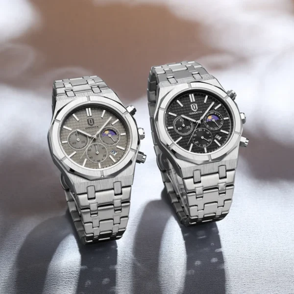 QINGXIYA 2024 New Fashion Chronograph Quartz Watch Men Stainless Steel Waterproof Luminous Date Luxury Moon Phase Watches Mens - Image 5