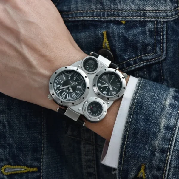 Men Chic Dual Movement Quartz Sport Watch Creative Dials Digital Bracelet Watches Waterproof Outdoor Thermometer Compass Clock - Image 2