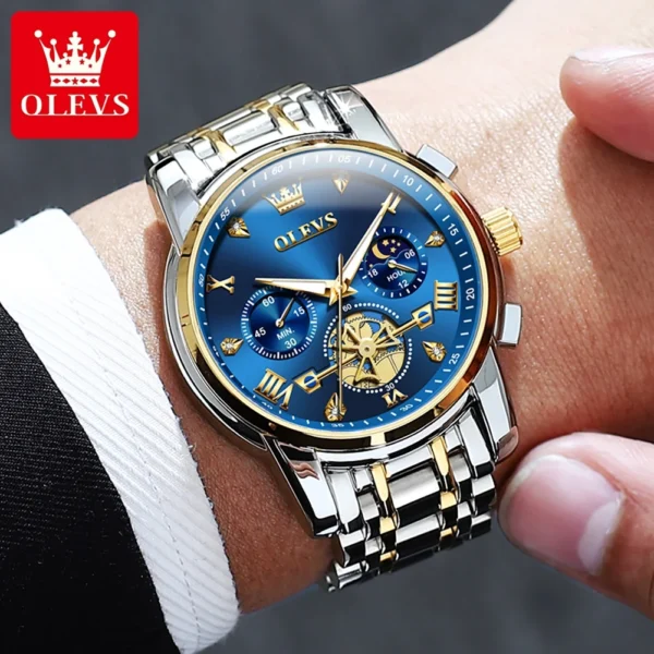 OLEVS 2856 Quartz Watch for Men Flywheel Skeleton Chronograph Moon Phase Multifunctional Stainless steel Men's Wristwatches - Image 3