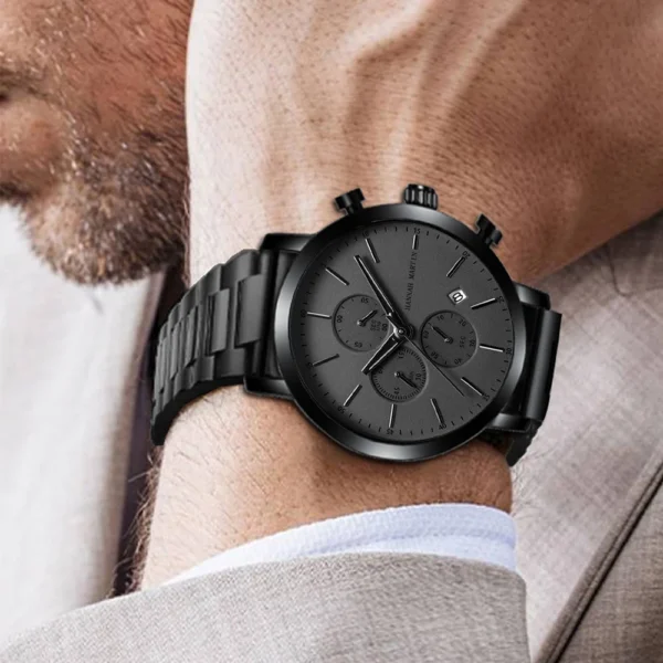 Hannah Martin Watches For Men Calendar Six-Hand Chronograph Multi-function Men's Watch Black Waterproof Steel Strap Quartz Clock - Image 3